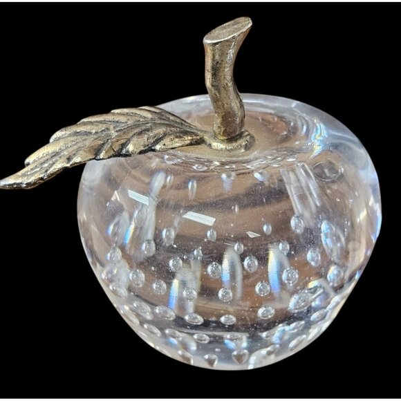Great City Traders Art Glass Apple Paperweight Brass Stem & Leaf w Box - Picture 5 of 7